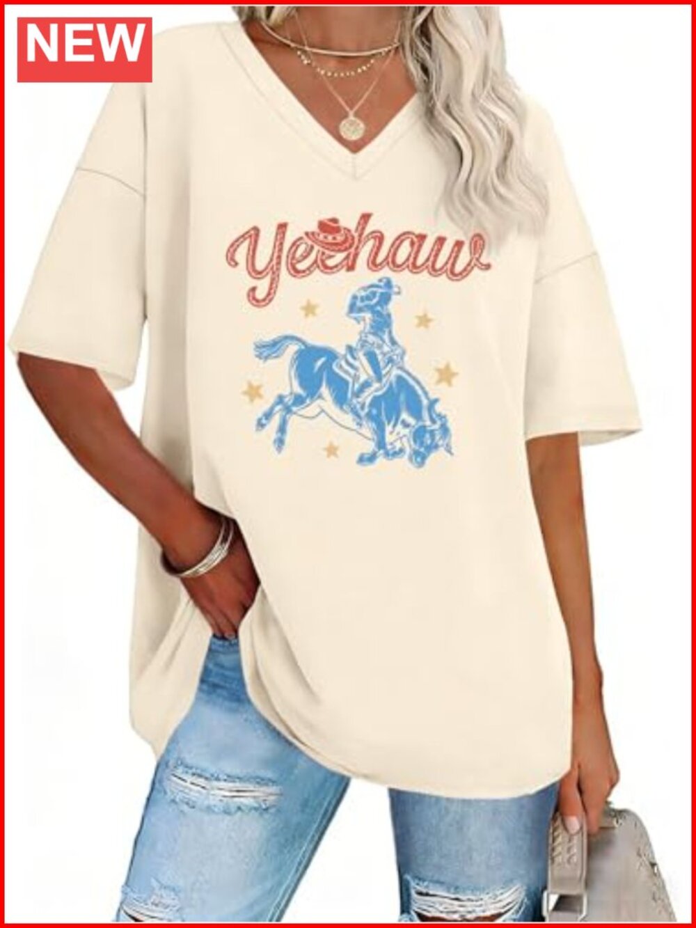 Oversized Western Graphic T-Shirt Women Country Rodeo V-Neck Tee